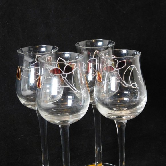 Crystal Cordial Sherry Apertif Stemmed Glasses Stained Glass Look Leaf Motif Set - Picture 6 of 8